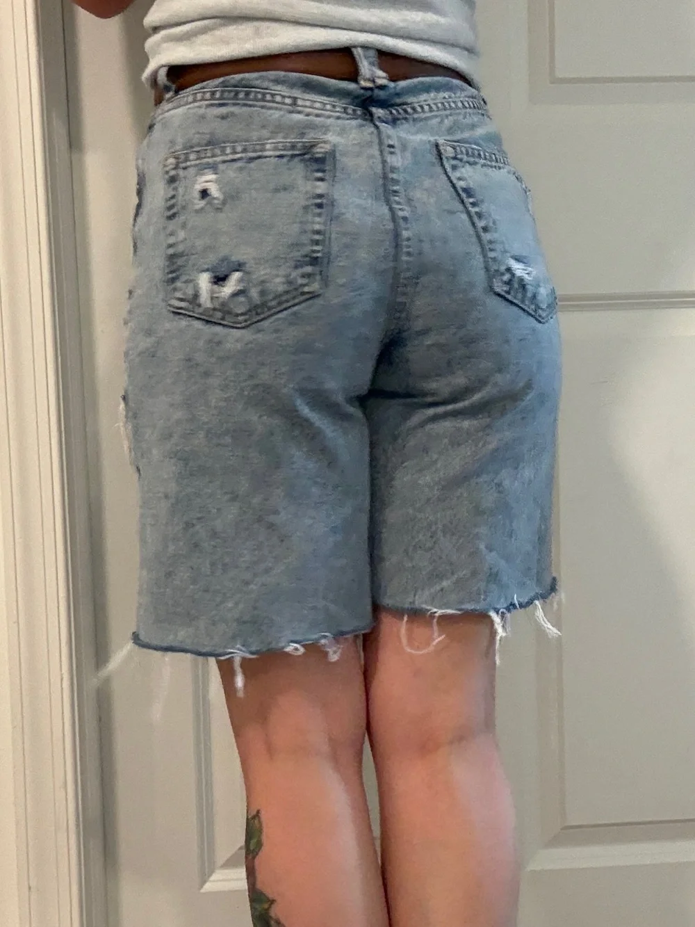 Zara denim jorts longline baggy Light Blue Distressed Denim Bermuda long Shorts